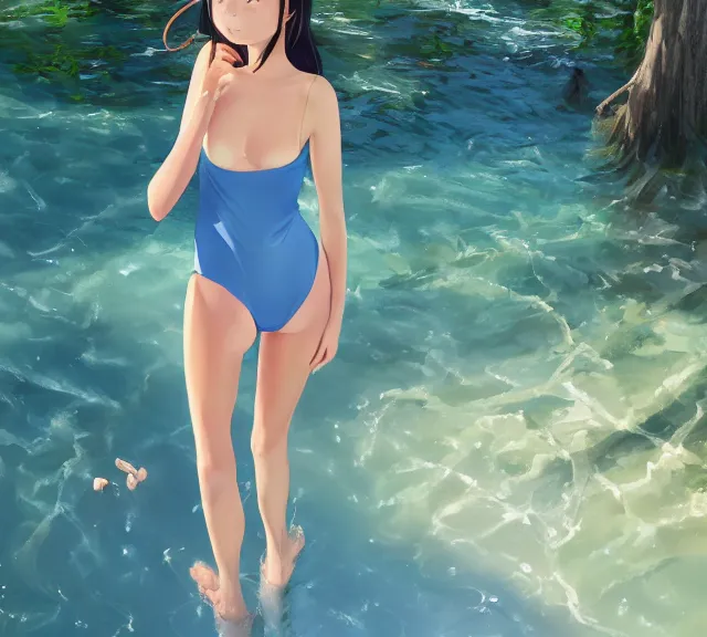 Prompt: one single girl wearing a blue bathing suit wading, standing in a narrow river, trees bent over the river, shady, ripples, facing, looking at the camera, inviting look, atmospheric lighting. By Makoto Shinkai, Stanley Artgerm Lau, WLOP, Rossdraws, James Jean, Andrei Riabovitchev, Marc Simonetti, krenz cushart, Sakimichan, trending on ArtStation, digital art.