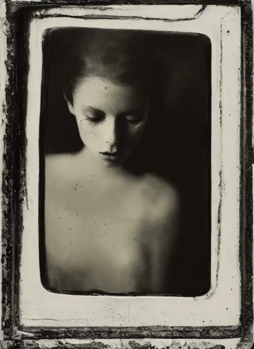 Image similar to portrait of a young women, photo realistic, elegant, award winning photograph, parallax, cinematic lighting, ambrotype wet plate collodion by richard avedon and shane balkowitsch