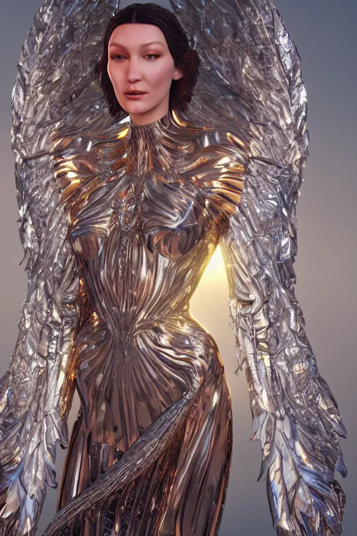 Image similar to a highly detailed 4 k render of a beautiful angel alien goddess bella hadid in iris van herpen dress schiaparelli in diamonds in style of alphonse mucha trending on artstation made in unreal engine 4