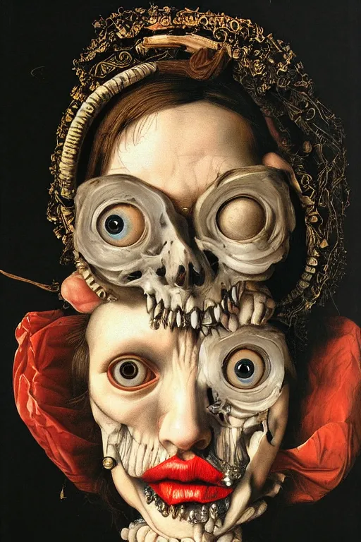 Prompt: Detailed maximalist portrait with large lips and with large eyes, sad exasperated expression, bones, HD mixed media, 3D collage, highly detailed and intricate illustration in the style of Caravaggio, dark art, baroque