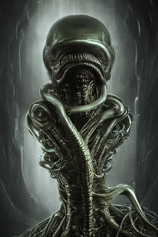 Prompt: ultrarealistic portrait of a strange aquatic alien humanoid, detailed matte painting, dark atmosphere, by h. r. giger and h. p. lovecraft, octane render, cgi