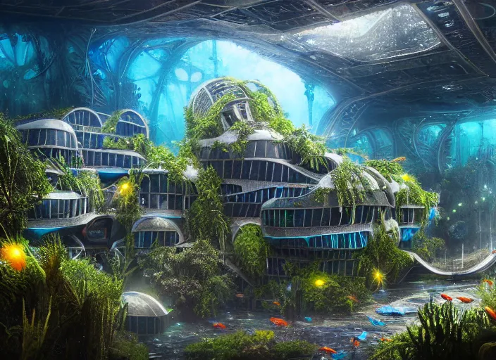 Prompt: overgrown favela spaceship cathedral, underwater environment, scenery, professional, award - winning, trending on artstation, hyper detailed, realistic, beautiful, emotional, shiny, colorful, picture