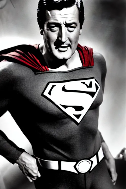 Image similar to rock hudson playing superman in, superhero, dynamic, 3 5 mm lens, heroic, studio lighting