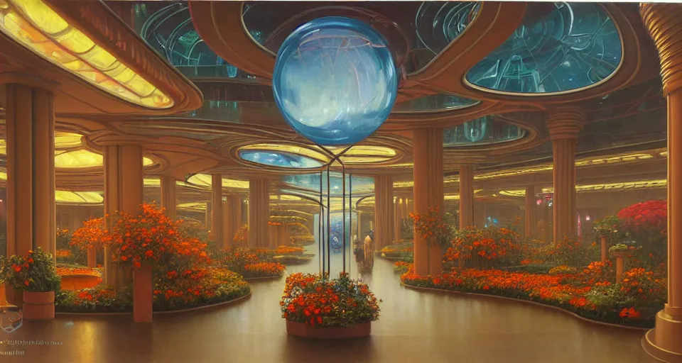 Prompt: a minimalist oil painting by donato giancola, warm coloured, cinematic scifi bioluminescent luxurious futuristic foggy steam filled art deco garden circular shopping mall interior with microscopy minimalist giant windows flowers growing out of pretty bulbous ceramic fountains, gigantic pillars and flowers, maschinen krieger, beeple, star trek, star wars, ilm, star citizen