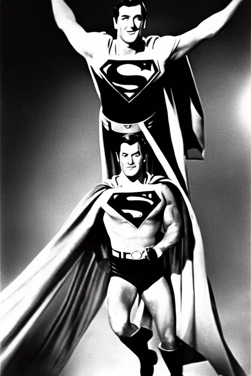 Image similar to rock hudson playing superman in 1 9 7 8, superhero, dynamic, 3 5 mm lens, heroic, studio lighting