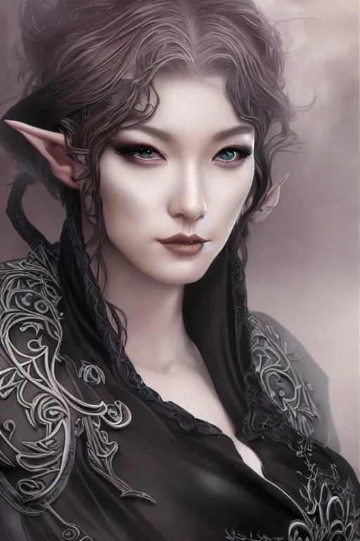 Image similar to elf sorceress character portrait wearing black silk looking over one shoulder, concept art, intricate details, highly detailed photorealistic portrait in the style of adam hughes, seseon yoon, artgerm and warren louw