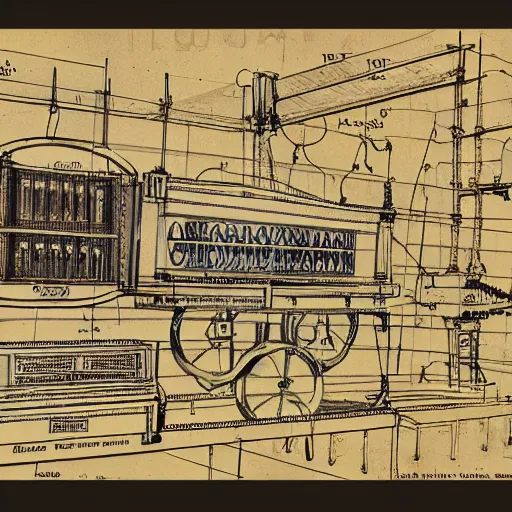 Image similar to a very detailed scheme blueprint of the time machine