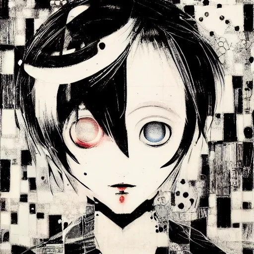 Image similar to Yoshitaka Amano realistic illustration of an anime girl with short white hair and black eyes wearing tuxedo, abstract black and white patterns on the background, noisy film grain effect, highly detailed, Renaissance oil painting