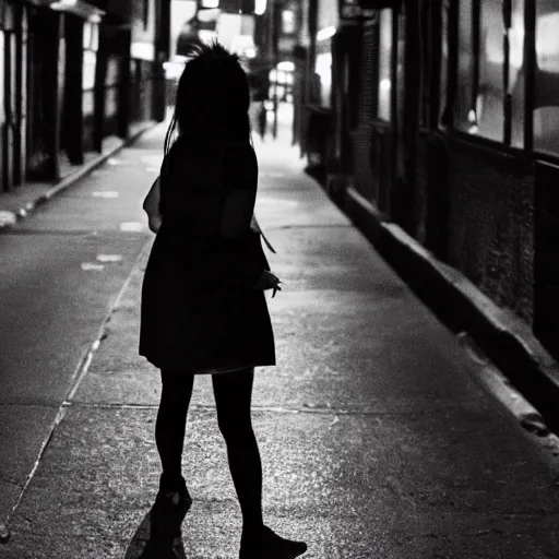 Image similar to a brunette girl, in her twenties, very long hair, dressed casually, walking from behind in the streets of new york, city lights, smoke, cinematic