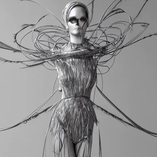 Image similar to hyper realistic woman figure dressed in futuristic dress, with a weird head piece on her head, made of wires, made of feathers, masterpiece, trending on artstation, photograph