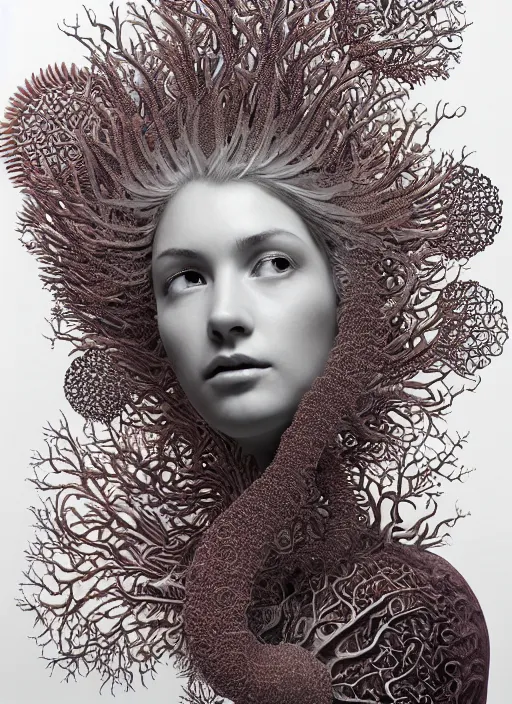 Prompt: ridiculously beautiful young womans face, layers of intricate swirling fractals of 3 d coral and jellyfish skin, blooming, portals into dimensions, coral, birds, symmetrical, in the style of ernst haeckel, effervescent, sacred geometry, surrealism, photo realistic, epic and cinematic, 3 d, clear, sharp,