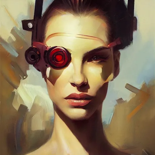 Image similar to Greg Manchess portrait painting of a woman cyborg, medium shot, asymmetrical, profile picture, Organic Painting, sunny day, Matte Painting, bold shapes, hard edges, street art, trending on artstation, by Huang Guangjian and Gil Elvgren and Sachin Teng