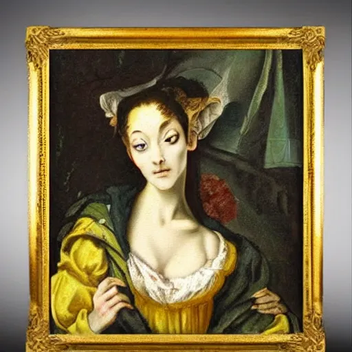 Prompt: renaissance oil painting, rococo, manga skinny creepy female painting like a mad woman