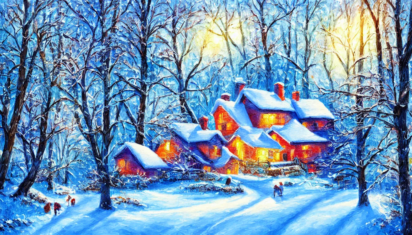 Image similar to ! dream painting of winter blizzard of house in the woods, sunny evening, artistic, brush, strokes, colourfull, very detailed, 4 k