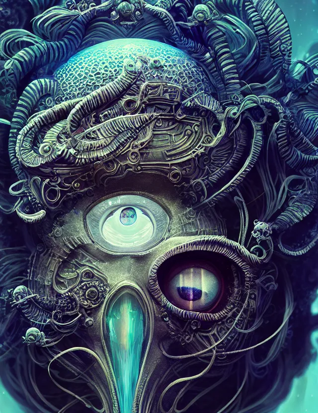 Image similar to eye of god macro close - up portrait with mask made of ram skull. betta fish, jellyfish phoenix, plasma, water, wind, creature, super intricate ornaments artwork by tooth wu and wlop and beeple and greg rutkowski