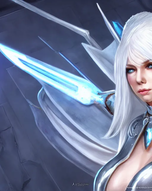 Image similar to perfect white haired attractive egyptian goddess, warframe armor, beautiful, symmetric, dreamy, half asian, pretty face, blue eyes, charlize theron, detailed, scifi platform, laboratory, experiment, 4 k, ultra realistic, epic lighting, android body, illuminated, cinematic, masterpiece, art by akihito tsukushi, voidstar