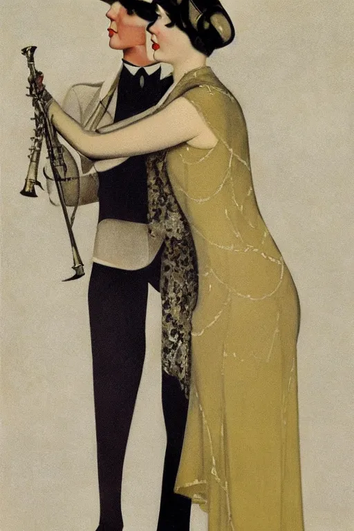 Image similar to a oil painting depicting a Jazz Age high society figure, 1920s style, smooth, highly detailed, high contrast, Coles Phillips, Dean Cornwell, JC Leyendecker, 8K