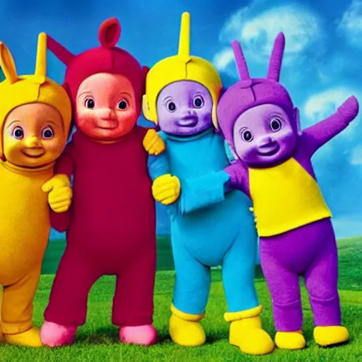 Prompt: Teletubbies-vampires with TV-set instead of Head