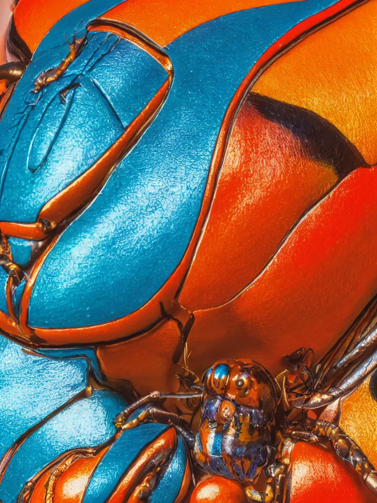 Prompt: close - up shot of a beautiful colorful beetle. insect eyes. complementary color scheme. subsurface scattering, translucency, backlit, diffused, smooth. studio photography high quality highly detailed award winning photograph by national geographic, by slim aarons, by kechun zhang. sculpture by antonio canova, renaissance painting