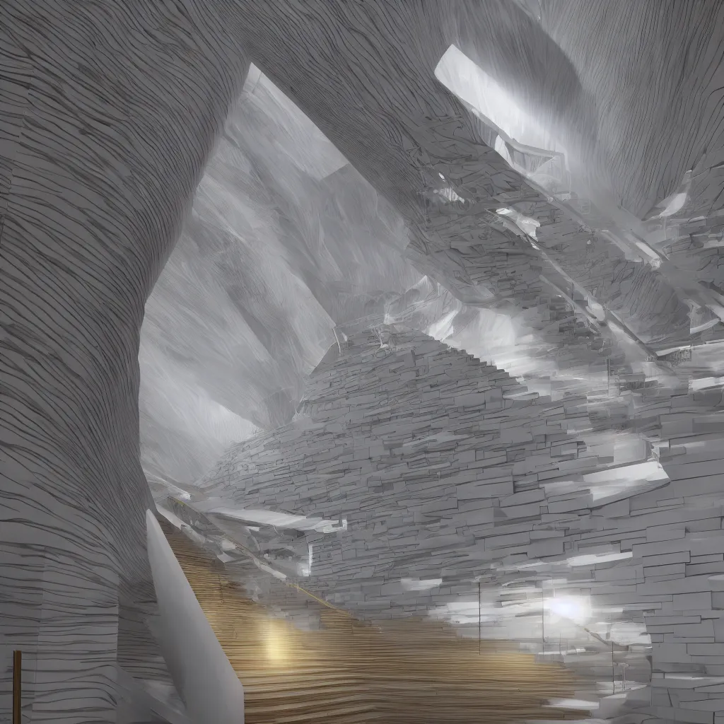 Image similar to a wooden and marble monumental stair tower of light climbing up, designed by zaha hadid, highly detailed, 4 k, unreal engine, volumetric lightning, mist, golden goddess athena