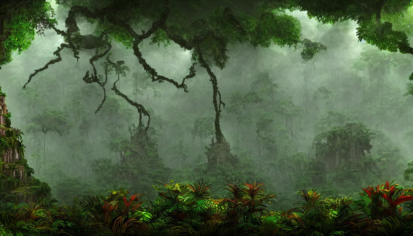 Image similar to deep mayan jungle forest realm biodiversity , side-scrolling 2d platformer game level, swirling clouds of magical mist through the trees, ancient temple gigantic statue heads in ruins in the background between the tree trunks, dramatic dusk sun illuminates areas, volumetric light , detailed entangled roots carpet the forest floor, rich color, upscale , 8k