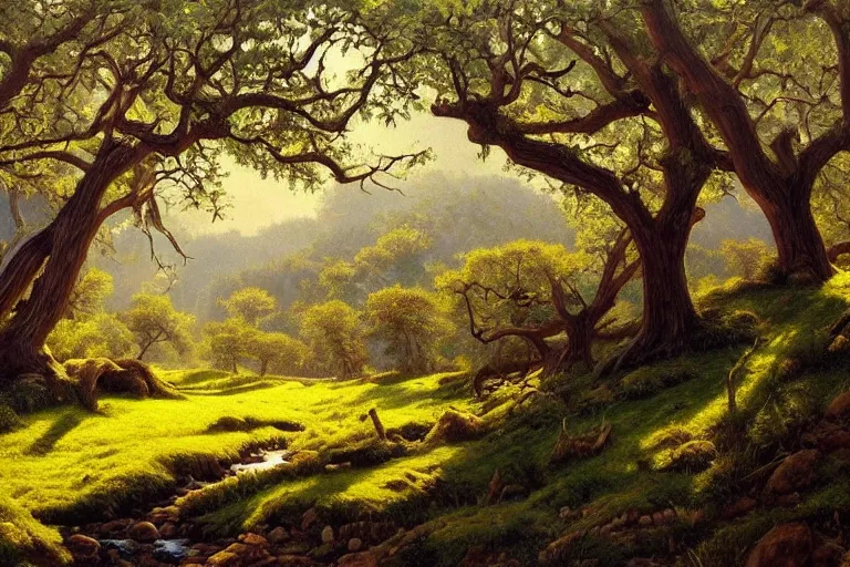 Image similar to masterpiece painting of oak trees on a hillside overlooking a creek, dramatic lighting, by sylvain sarrailh