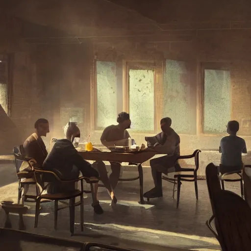 Prompt: a table with 1 0 people all sitting, buisness, vintage decor, illumanati, serious, craig mullins, warm sunlight threw the roof, dust particles illuminated in the sun beam,