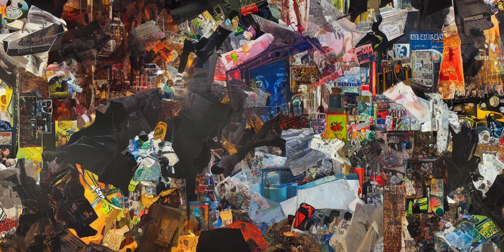 Prompt: mad trash bags, collage, acrylic on canvas, muralism, expressionism movement, high resolution, cinematic, unreal 6 breathtaking detailed, breathtaking detailed, by blake neubert