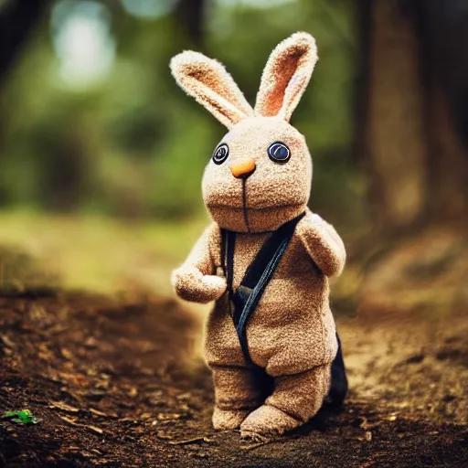 Image similar to a photo of a little brown ninja bunny that is a plush muppet wearing a cool ninja outfit and posed out in nature, photorealistic, photography, ambient occlusion, rtx, national geographic