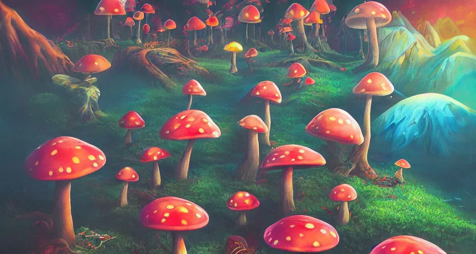 Image similar to a beautiful painting of trippy mushrooms by Tokio Aoyama, Mario Martinez, David Normal. photorealistic, trending on artstation, dramatic lighting, 8K, fantasy beautiful, surreal, cinematic.