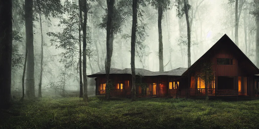 Image similar to an exquisite wooden house in a lush forest, architectural photography, dark and dim lighting, beautiful, tranquil, moody, cinematic, fantasy, 3 5 mm lens, volumetric lighting, first person view, photographic render, hyper realistic