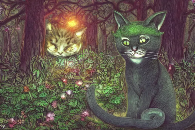 Image similar to a cat in a forest, highly detailed, digital art, trending on artstation, backlighting, by kawacy, by don bluth, by ken sugimori, by louis wain, fan art