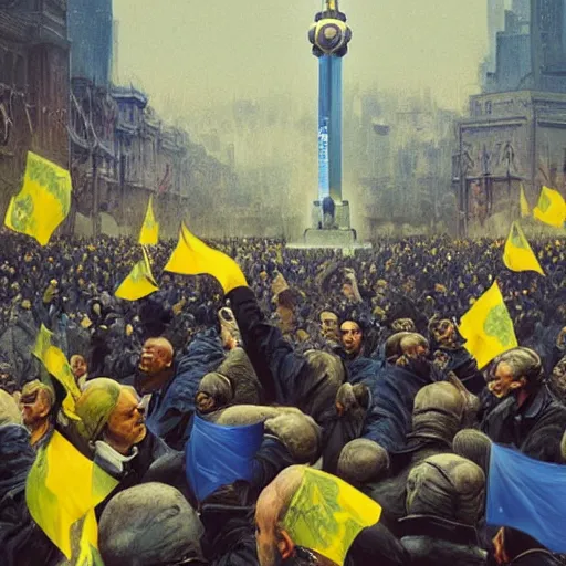 Image similar to a crowd of people with blue and yellow ukrainian flags overthrow and bring down the statue of vladimir lenin, photorealistic, highly detailed, artstation, smooth, sharp focus, art by michael whelan, artgerm, greg rutkowski and alphonse mucha