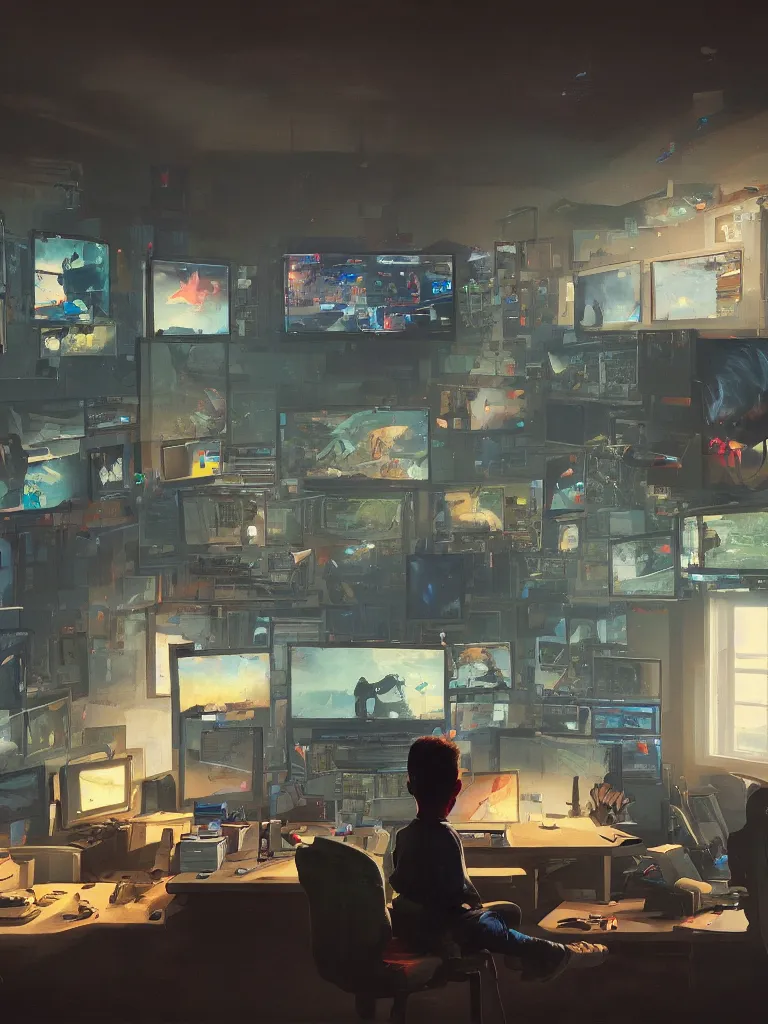 Image similar to a boy sitting in an hacker room with many screens in a painting from stalenhag, 4 k, 8 k, hdr, artstation, concept art