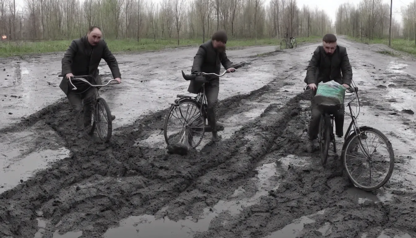 Image similar to drunk russian man driving bicycle trough potholes and mud, hilarious, funny, meme, realistic, detailed, 4 k