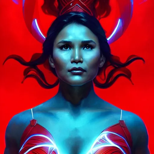 Image similar to iza calzado as darna, volumetric lights, red and cyan theme, art nouveau botanicals, intricate, highly detailed, digital painting, artstation, concept art, smooth, sharp focus, cinematic, illustration, beautiful face, art by artgerm and greg rutkowski and alphonse mucha