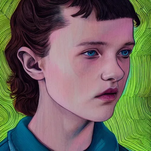 Prompt: beautiful side portrait of Eleven from Stranger things in a scenic!!! Environment!! by martine johanna, lines ,figurativism!, portrait,