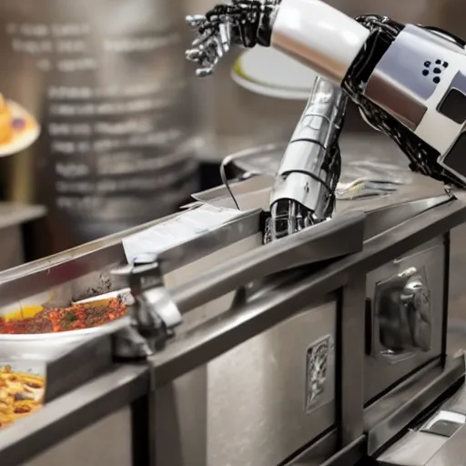 Prompt: a robot making a burrito at chipotle