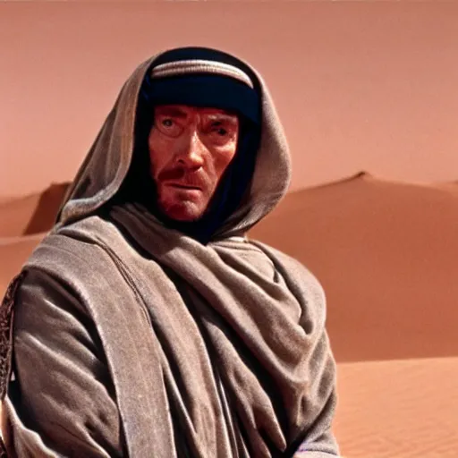 Image similar to peter o'toole as muadib, film still, 7 0 mm, lawrence of arabia, dune