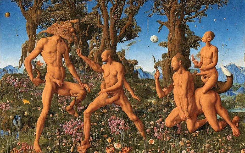 Image similar to a portrait photograph of a meditating satyr and a centaur monk riding a rocket machine and hunting at a river delta. surrounded by bulbous flowers and trees. mountain range under a blue sky of fiery stars. by jan van eyck, max ernst, ernst haeckel, ernst fuchs and artgerm, cgsociety, fashion editorial, 8 k