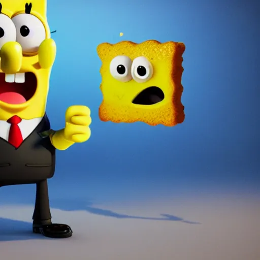 Image similar to cute spongebob in a suit while holding a gun, cartoon, digital art, 3 d rendered in octane, pixar character, blender, maya, shadows, lighting depth of view