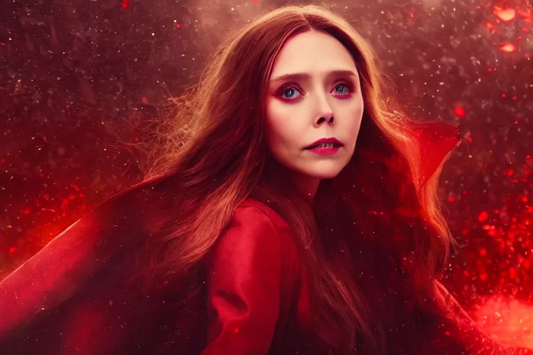 Image similar to movie still of elizabeth olsen as scarlet witch rewriting the fabric of reality, photorealistic art style, fantasy aesthetic. full - body photography, comprehensive art, thorough details, intricate, artstation, cgsociety contest winner