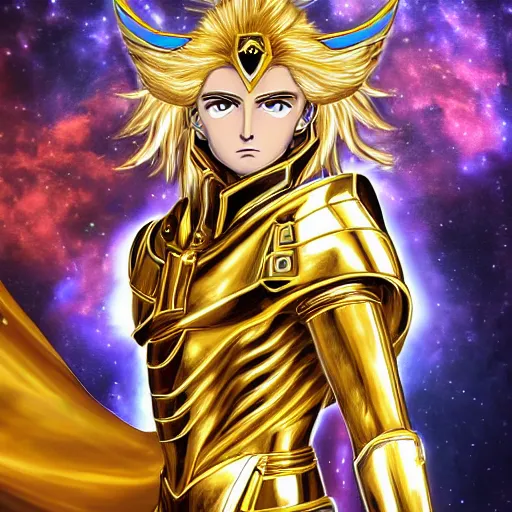 Prompt: A radiant, extreme long shot, photo of a 27-year-old Caucasian male wearing the Gemini Gold Armor, Beautiful gold Saint, Jaw-Dropping Beauty, gracious, aesthetically pleasing, dramatic eyes, intense stare, immense cosmic aura, from Knights of the Zodiac Saint Seiya, inside the Old Temple of Athena Greece,4k high resolution, Detailed photo, attention to detail, hyper detailed, ultra detailed, octane render, arnold render, Photoshopped, Award Winning Photo, groundbreaking, Deep depth of field, f/22, 35mm, make all elements sharp, at golden hour, Light Academia aesthetic, Socialist realism, by Annie Leibovitz