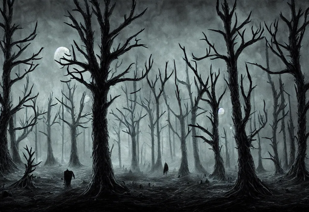 Prompt: folk horror illustration of the unknown nightmare place with the dead pines, horrifying nightmare forest at night, under a dead moon, 8k resolution artwork, horror art, eerie, creepy, trending on artstation, painting, elaborate excellent painted illustration, smooth, sharp focus