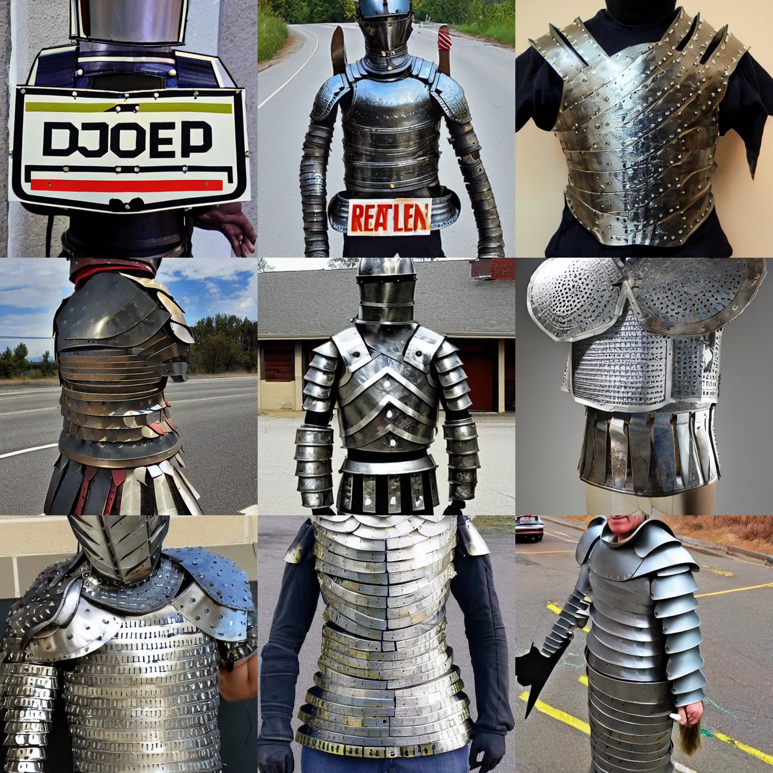 Prompt: armor made of taped - together road signs