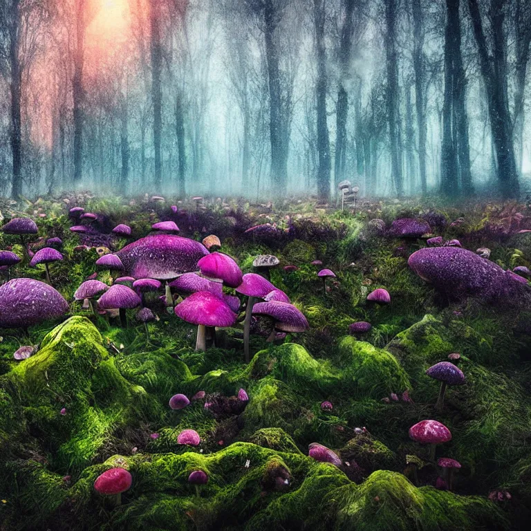 Image similar to a planet of various fungus, mushrooms, flowers and plants, inside the picture is infinity, Atmospheric, artistic photography, conceptual, long exposure outside the city, volumetric light