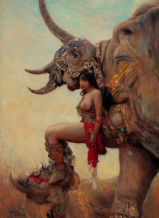Image similar to portrait of the tribal ethnic asian female, sitting on top of a war elephante poses by gaston bussiere, anna nikonova aka newmilky, greg rutkowski, yoji shinkawa, yoshitaka amano, tsutomu niehi, impressionism, monet,