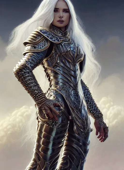 Image similar to opal leather armor!!! long wild white hair!! covered chest!!! fantasy, d & d, intricate ornate details, symmetry, concept art, sharp focus, illustration, art by artgerm! greg rutkowski magali villeneuve wlop! ilya kuvshinov!!, octane render, unreal engine 5, highly rendered!!