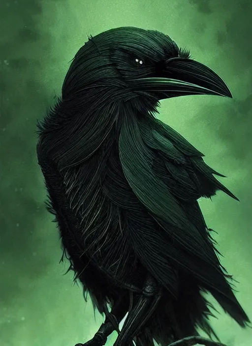 Image similar to side portrait dark crow (animal), close-up, fantasy forest landscape, moonshine, fantasy magic, nice black feather, proud, green dark light night, intricate, elegant, sharp focus, illustration, highly detailed, digital painting, concept art, matte, art by WLOP and Artgerm and Greg Rutkowski and Eddie Mendoza, masterpiece