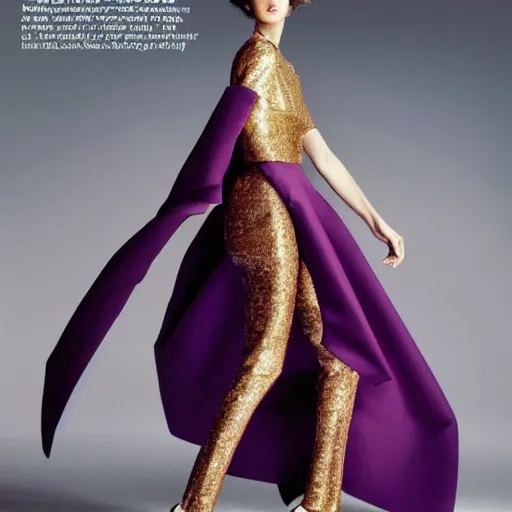 Image similar to editorial fashion tan skin super model in a couture gold and purple hues dress photography, from Vogue magazine Patrick Demarchelier